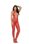 Elegant Moments Opaque And Diamond Net Striped Bodystocking With Open Crotch